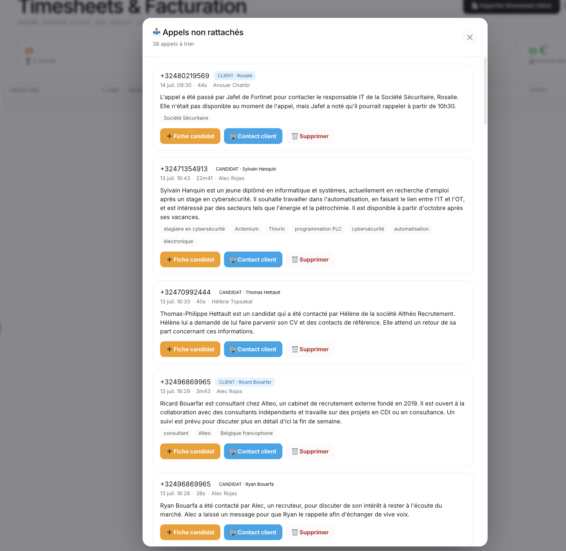 Appels non rattachés — l'IA propose une fiche candidat ou contact client pré-remplie