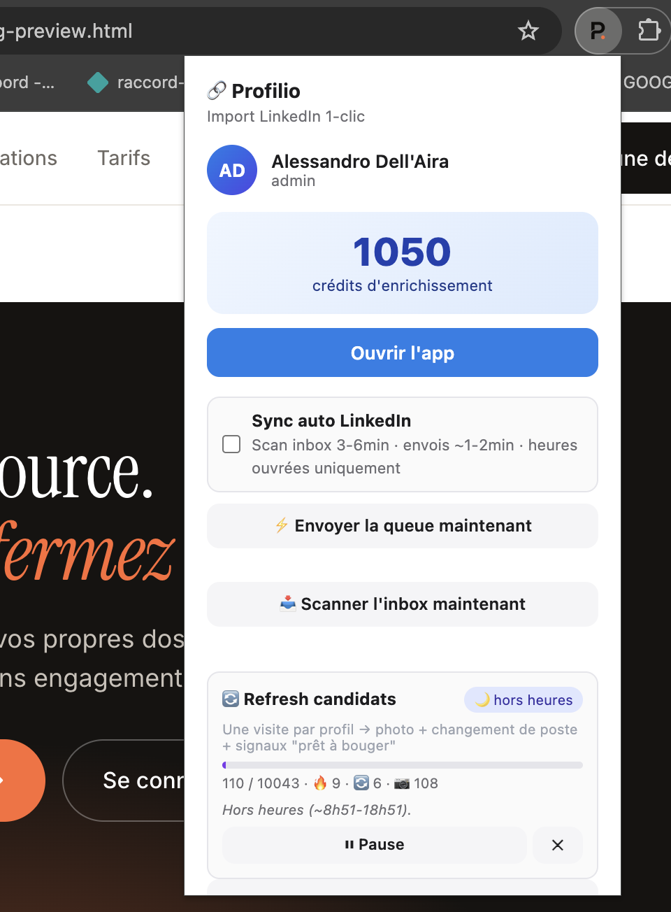 Extension Chrome Profilio — import LinkedIn 1-clic, crédits d'enrichissement, sync auto inbox, refresh candidats